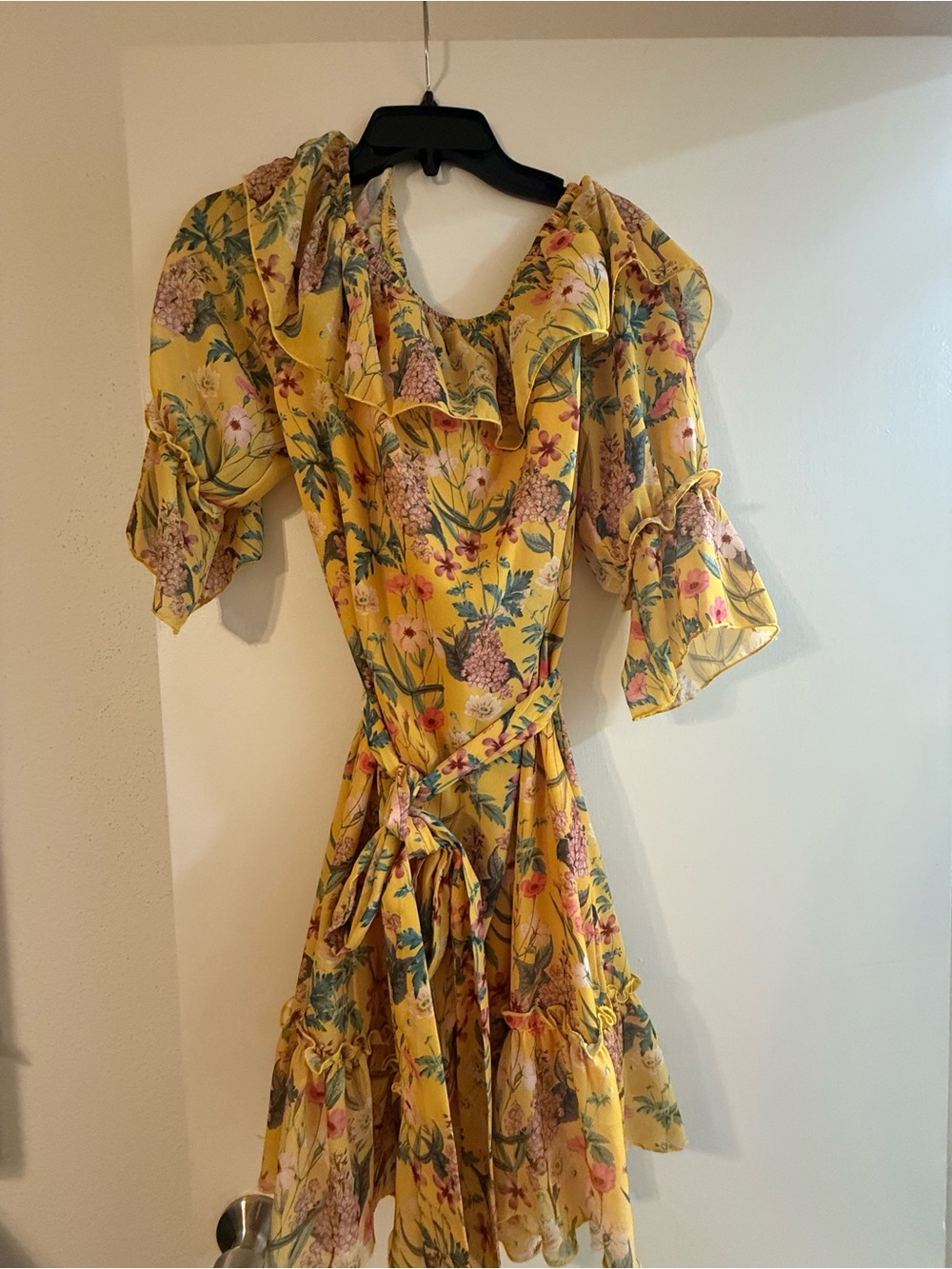 Yellow Floral Ruffle Wrap Dress